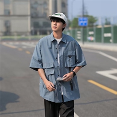 机能工装短袖衬衫男女山系街头宽松休闲翻领半袖黑色衬衣，男装衬衫，星座716-3