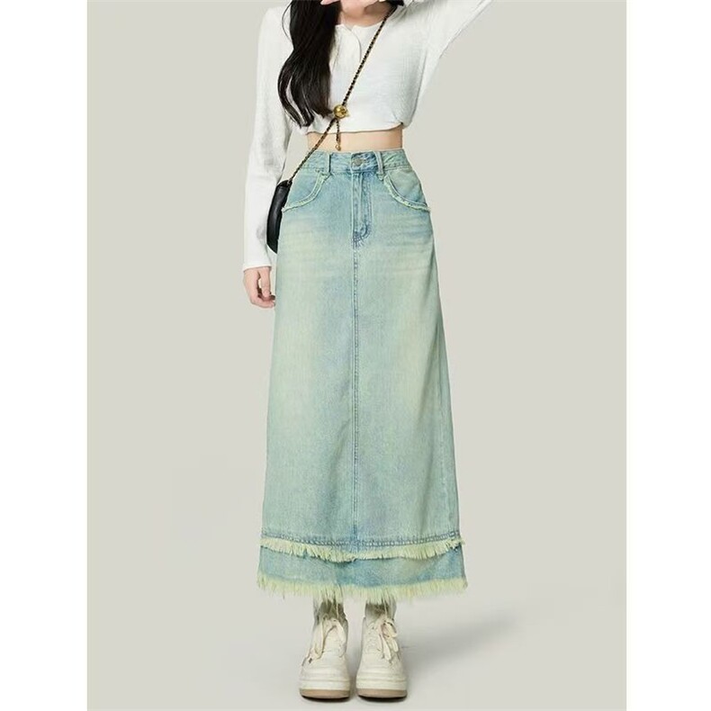 开叉半身牛仔裙女2025夏季新款高腰梨形身材遮胯拼接毛边半裙长裙，女装半身裙，星座1210-1