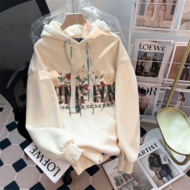 EE139-P75 华棉加绒加厚卫衣女秋冬刺绣花连帽保暖上衣大码女装图片