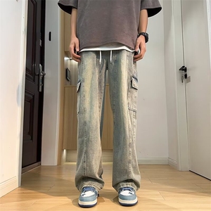美式复古黄泥染抽绳工装牛仔裤潮牌松紧腰宽松休闲裤子潮5510/P50图片