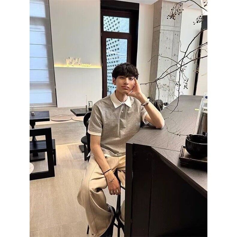 韩系穿搭假两件拼接灰色polo衫男女夏季潮牌小众设计感短袖T恤潮图片