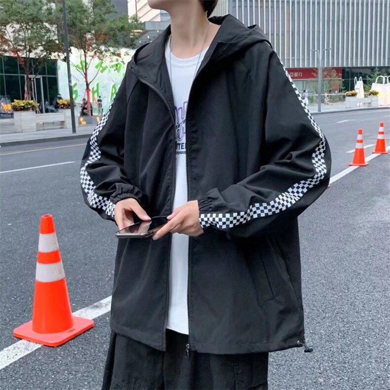 棋盘格拼接夹克男士春季潮流宽松个性连帽夹克W015P38图片