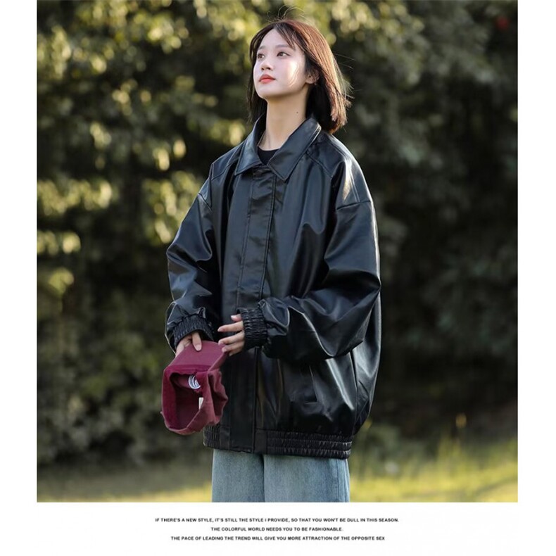 美拉德棕色皮衣外套机车服翻领复古宽松PU夹克上衣Y1023-P68网图,男装夹克,电商B245
