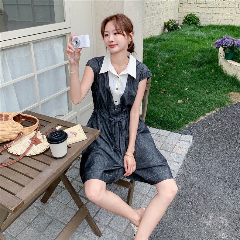 假两件拼接显瘦牛仔阔腿连体裤女夏2025新款小个子今年流行松弛感,女装套装/套裙,2C057