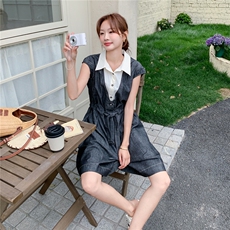 假两件拼接显瘦牛仔阔腿连体裤女夏2025新款小个子今年流行松弛感，女装套装/套裙，2C057
