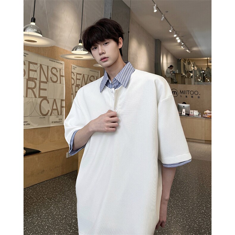 8XL-M假两件衬衫领短袖T恤大码夏季条纹拼接polo衫半袖DX1211/P45,男装Polo衫,电商B238
