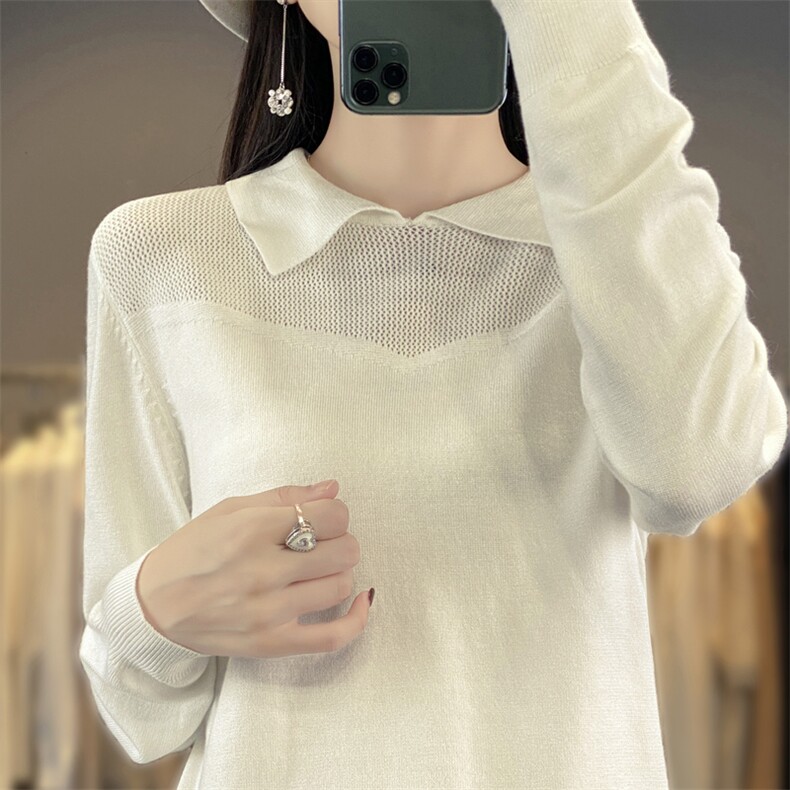2024秋季新款韩版polo领长袖内搭打底衫女百搭修身短款针织衫,针织衫/毛衣,暖娇绒包芯纱店