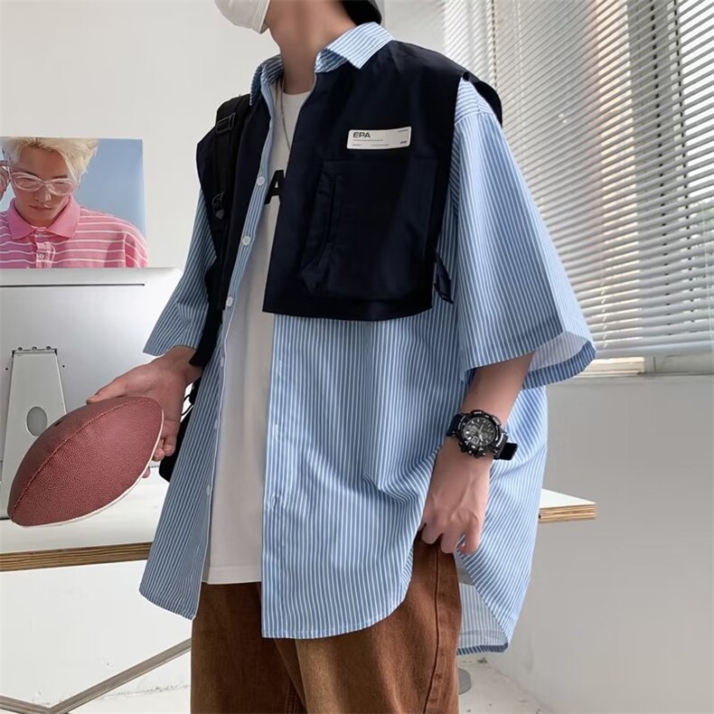 2023夏季拼接短袖衬衫男假两件日系情侣休闲衬衣NC01P45,男装衬衫,星座1116-2