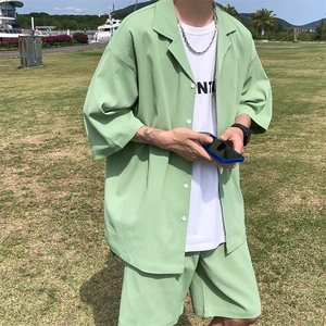 TZ62627/P55弹力短袖衬衣套装男女夏款港风衬衫短裤两件套图片