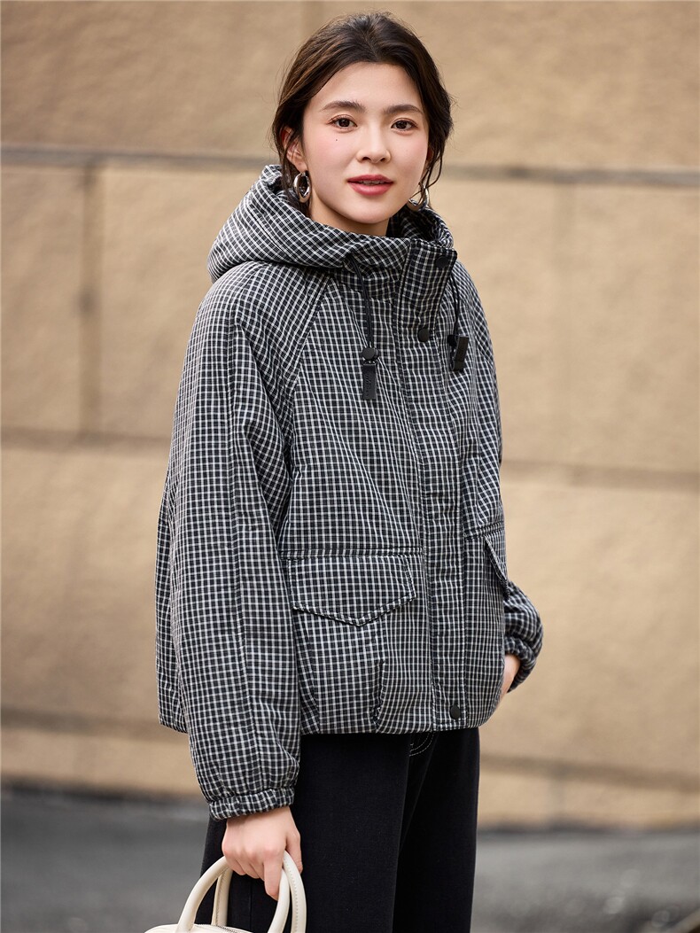 2025年冬季宽松连帽格子加厚棉衣服棉短款外套,女装棉衣/棉服,简韵佳