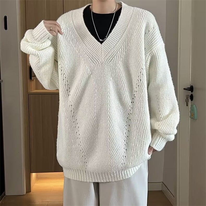 v领针织衫毛衣男秋季美式复古慵懒风高级感上衣纯色潮牌线衣外套图片