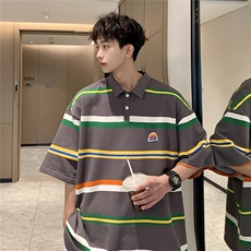 美式条纹短袖polo衫男女大码港风翻领短袖T恤男DP77010P50控78，男装T恤，星座227-7