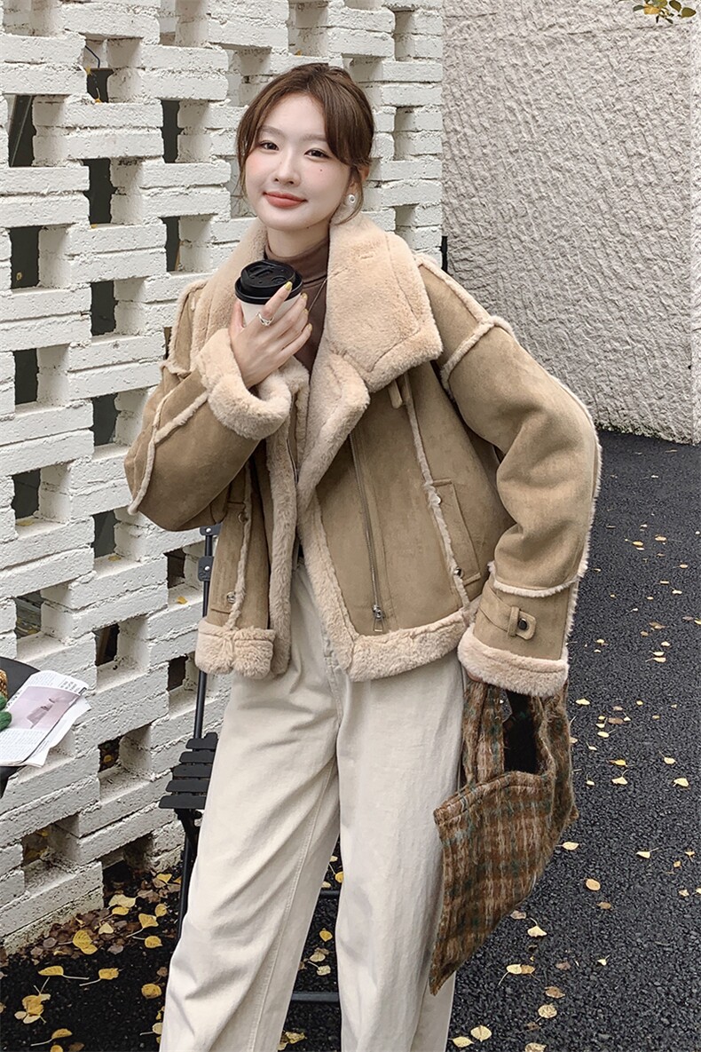 【新款现货】皮毛一体麂皮短款保暖机车服外套99033款P195K278,女装皮草,2C316