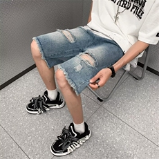 美式复古水洗毛边破洞牛仔短裤男夏季宽松休闲百搭五分裤，男装牛仔裤，星座410-6（原星座1304-1）