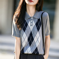 MIU系学院风菱格提花polo衫女2025早秋新款小个子短袖T恤，女装针织衫/毛衣，菲奥羊绒