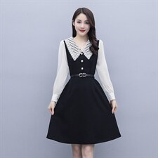 2021春季新款优雅时尚镂空领花拼色连衣裙配腰带，女装连衣裙，岚衣(原川流布茜）