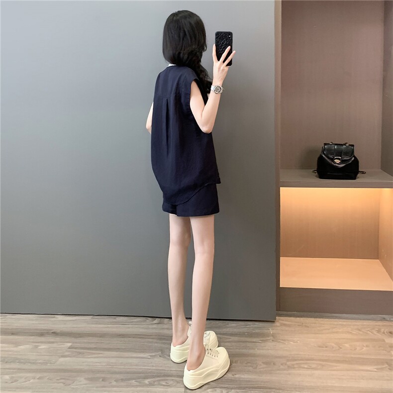 欧货时尚气质减龄套装女夏款遮肉显瘦刺绣无袖衬衫阔腿短裤两件套,女装套装/套裙,2C310