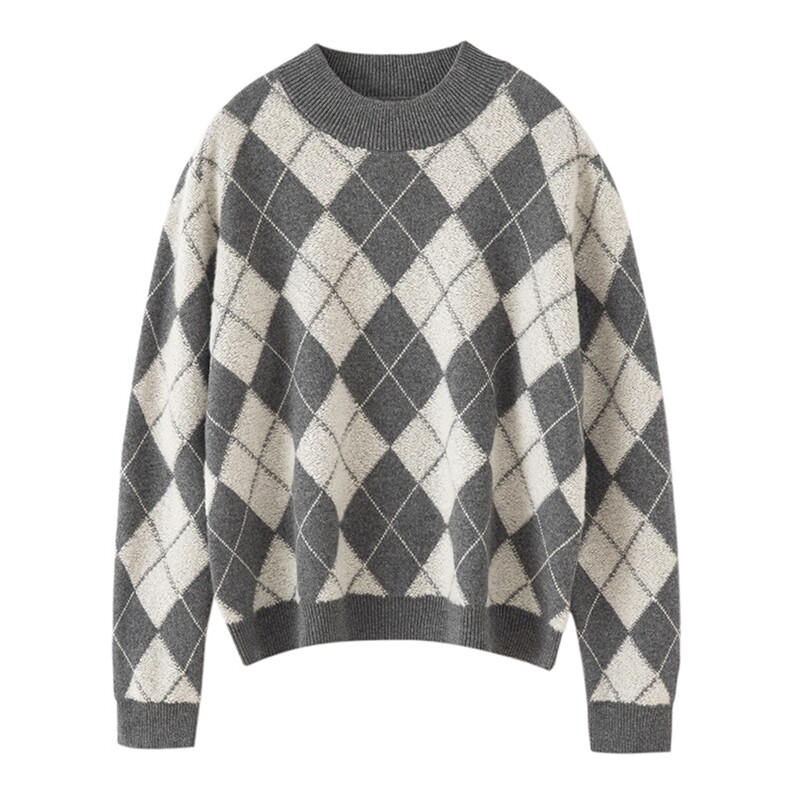 2025年秋季新款拼色毛巾绣菱形格针织羊绒衫时尚休闲通勤百搭，女装羊绒衫，博友羊绒