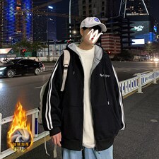 2023冬季加绒加厚连帽卫衣男宽松港风ins休闲开衫外套男WY668P58图片