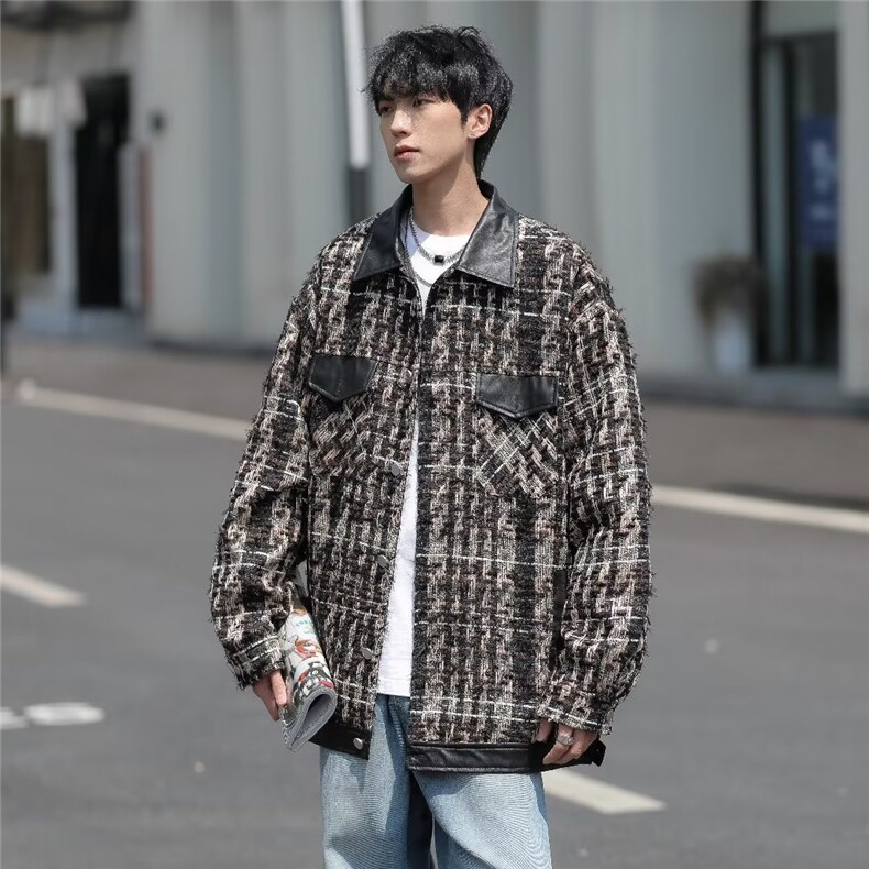 小香风夹克男韩版潮流拼皮帅气2023秋冬新款ins宽松外套W4740-P73,男装夹克,星座412-3