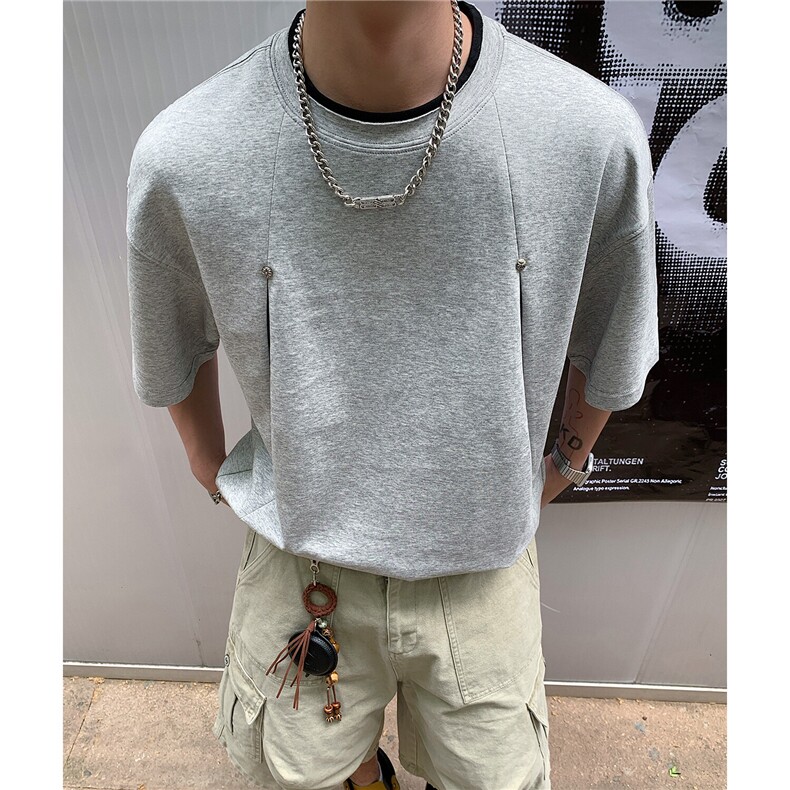 曼巴棉拼接撞色破缝解构铆钉设计感夏季短袖T恤男D424 特P30图片