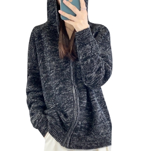 连帽拉链100%纯羊毛开衫女拼色针织帽衫毛衣宽松慵懒羊绒加厚外套图片