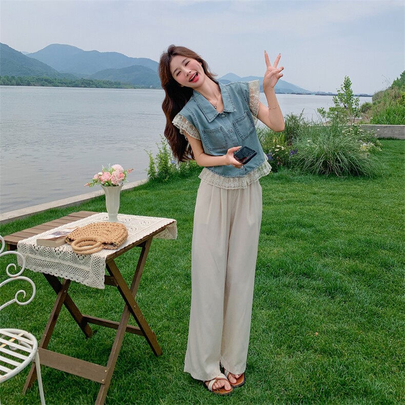 韩版减龄蕾丝边牛仔马甲上衣套装女2025夏季新款显瘦阔腿裤两件套，女装套装/套裙，多米2-075