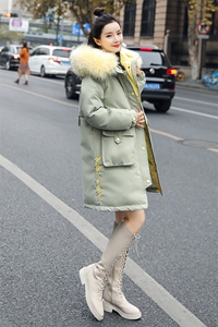 2020棉服刺绣女中长款新款冬季韩版时尚气质收腰工装棉衣 派克服图片