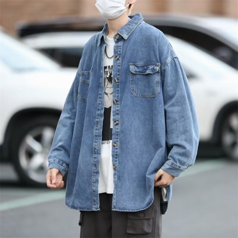 牛仔长袖衬衫男女薄款港风ins潮牌衬衣服宽松潮流休闲工装外套图片