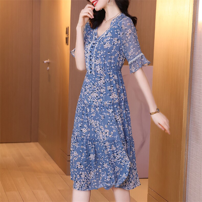 碎花纺真丝连衣裙女2021年新款设计感小众显瘦气质韩版长裙,女装连衣裙,潮品会