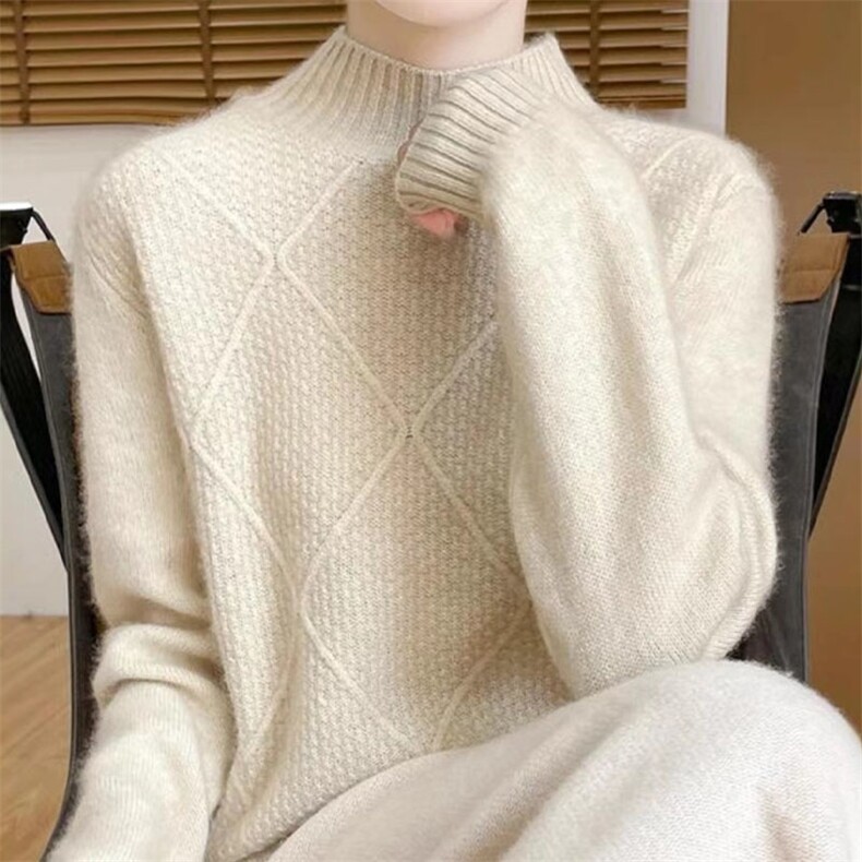 2025秋冬季100%纯羊毛衫女半高领菱形提花毛衣宽松长袖羊绒衫打底,针织衫/毛衣,萱芳婷羊绒