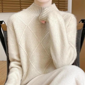 2025秋冬季100%纯羊毛衫女半高领菱形提花毛衣宽松长袖羊绒衫打底图片