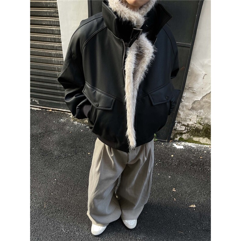 美式复古座山雕毛领品质感PU皮夹克男女秋冬街头宽松高级感棉衣,男装夹克,星座506A