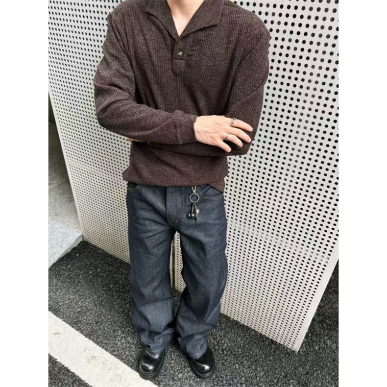 现货~老钱风罗马格意式一片领猫眼宝石扣polo长袖男~C25231批55,男装Polo衫,星座1411A-6