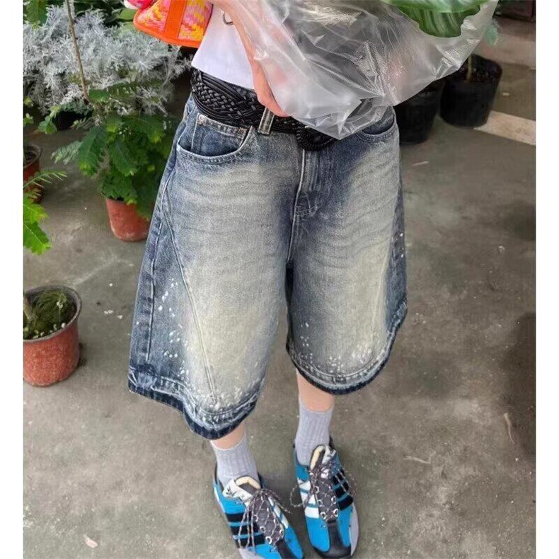 网络图美式复古泼墨直筒牛仔五分短裤男夏季新款宽松阔腿中裤潮,男装牛仔裤,星座410-7