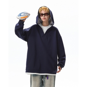 8XL-M叠穿假两件卫衣重磅连帽V领拼接套头衫宽松大码外套WY006P65图片