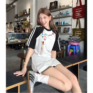 抖音得物品质二开240克宽松纯棉美式潮牌插肩三杠织带短袖T恤图片