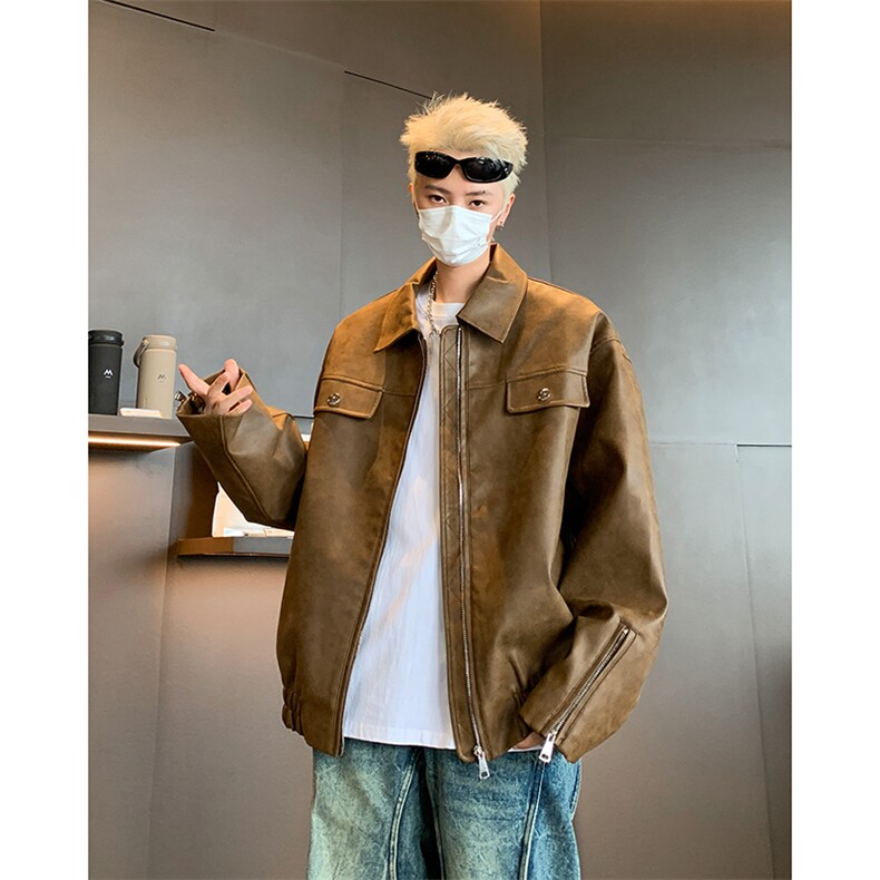 美拉德棕色皮衣外套男美式复古炸街设计感拉链宽松机车痞帅皮夹克,男装夹克,星座410-6（原星座1304-1）
