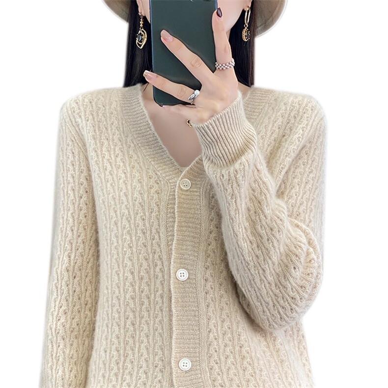 秋冬新款V领100%纯羊毛长袖镂空开衫女宽松慵懒羊绒针织上衣外套,女装羊毛衫,琳尚羊绒
