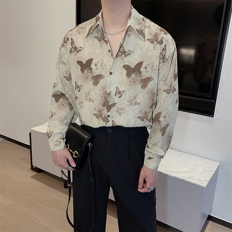春夏时尚古风蝴蝶满印复古长袖衬衫男宽松高级网红衬衣CS856-P58,男装衬衫,电商B267