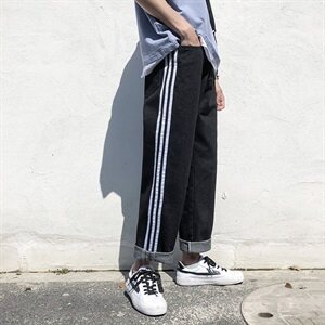 直筒牛仔九分裤条纹夏季男宽松港风潮流休闲百搭休闲裤NZ301-p32图片