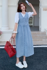 现货！！2025夏季新款泡泡袖T恤+无袖牛仔裙两件套，女装套装/套裙，2C306