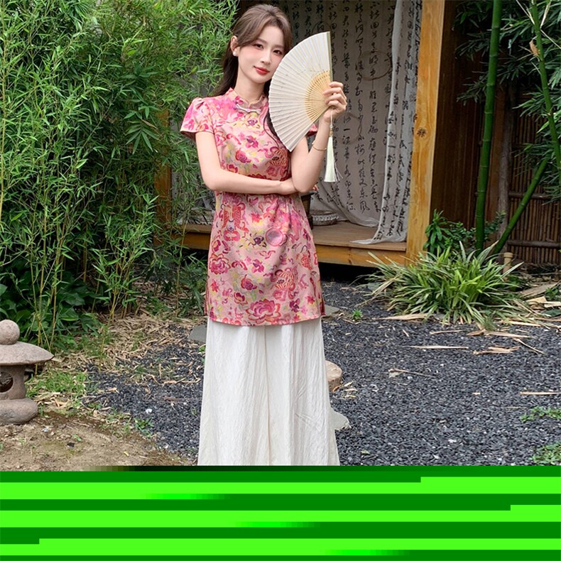 新中式g风套装女夏高级感复古提花时尚洋气减龄显瘦阔腿裤两件套,女装套装/套裙,超帛