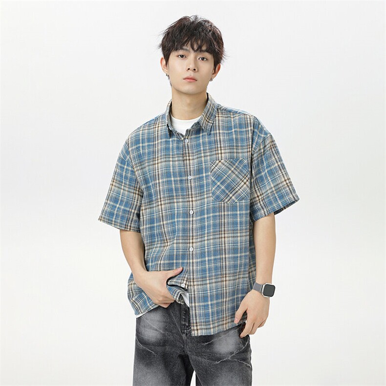 夏季韩版潮流复古格子短袖衬衫翻领帅气衬衣DSA157B-CS4233-P38,男装T恤,电商A157B
