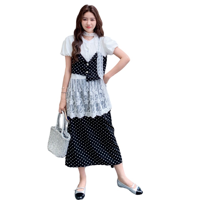 氛围感蕾丝拼接假两件t恤上衣套装女夏新款显瘦波点半身裙两件套,女装套装/套裙,2C115