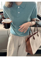德国扬子纱细羊毛短袖女POLO衬衣领夏季薄款百搭针织T恤半袖上衣，女装针织衫/毛衣，千御纺羊绒