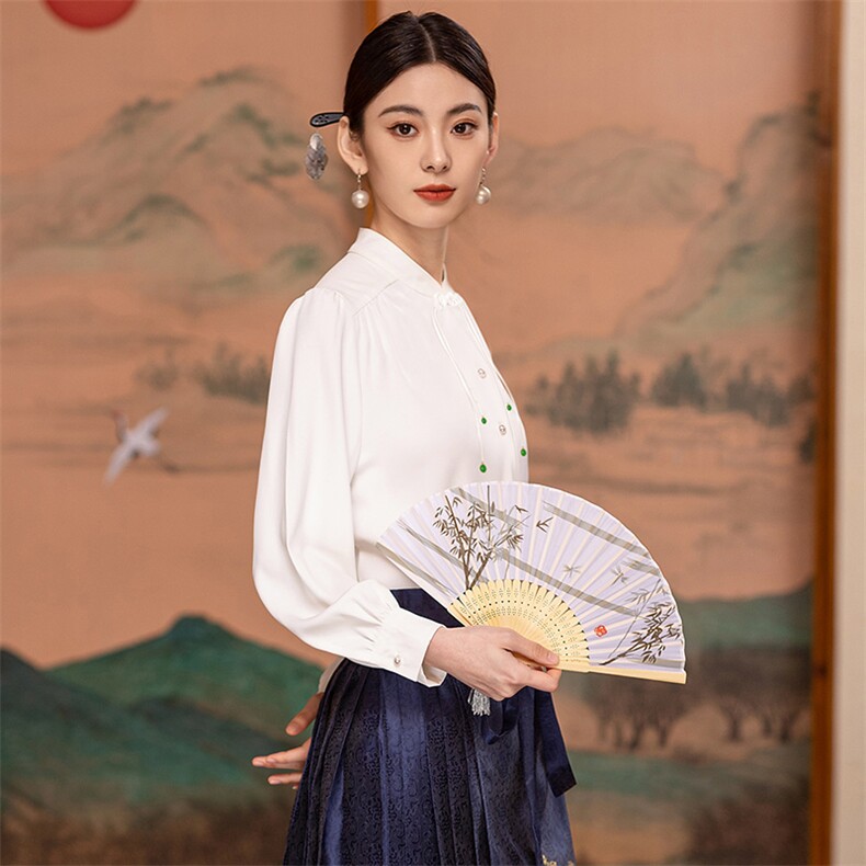 芷墨复古新中式复古大小姐马面裙套装显瘦通勤百搭衬衫裙子两件装,女装衬衫,芷墨服饰