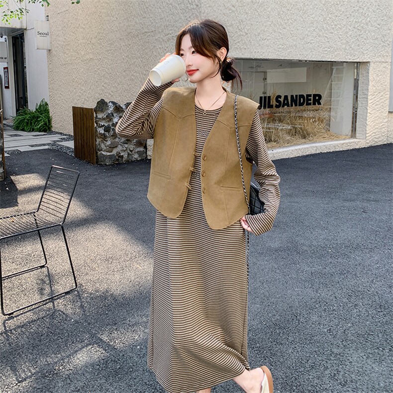 韩系马甲条纹连衣裙套装连衣裙女2025年秋季新款盐系减龄两件套潮,女装套装/套裙,维壹