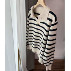 秋季新款舒适显瘦时尚百搭条纹POLO领针织衫，女装羊毛衫，恒恩羊绒