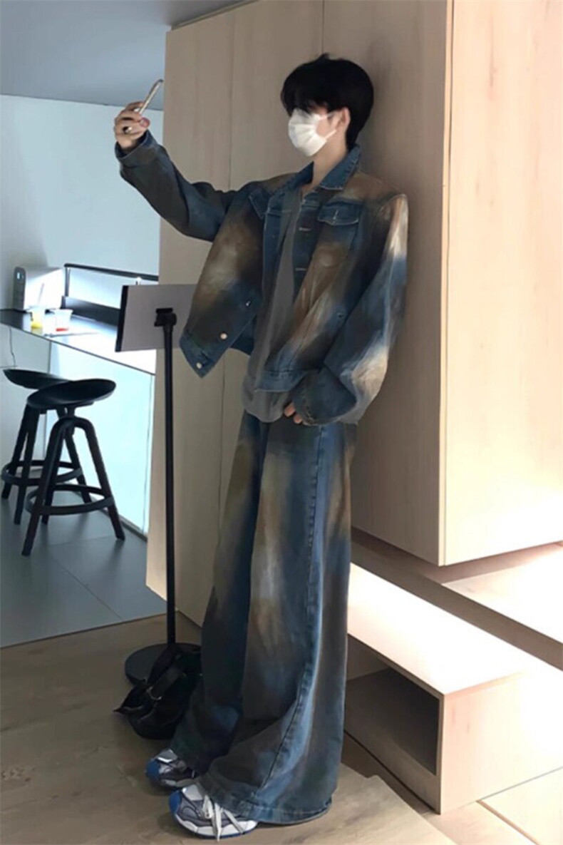 美式短款牛仔外套男高级感痞帅设计感水洗做旧脏染垫肩牛仔衣夹克,男装工装外套,星座908-1